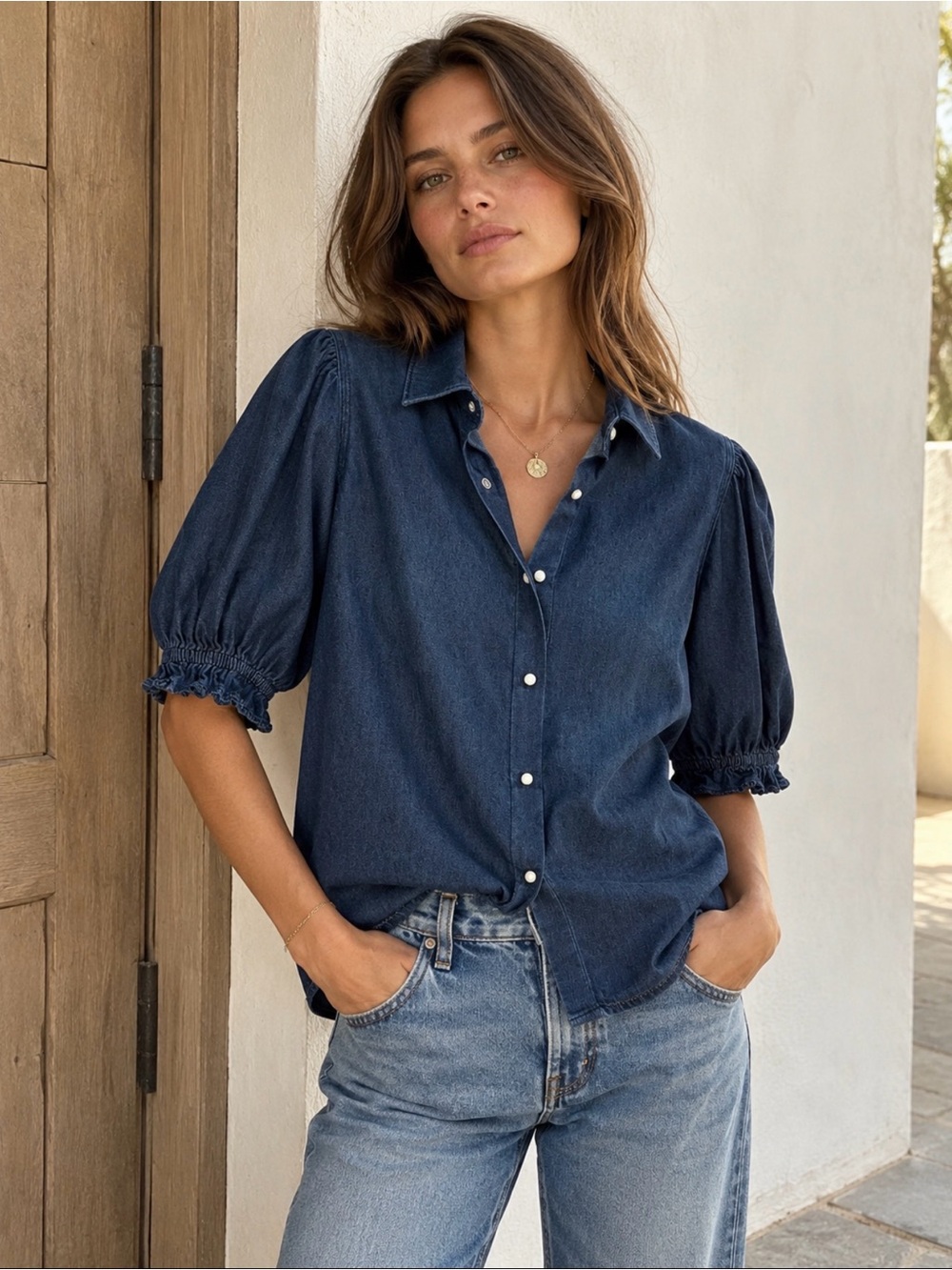 ba&sh Honey Dark Blue Denim short Puff-Sleeve Button-Down Shirt